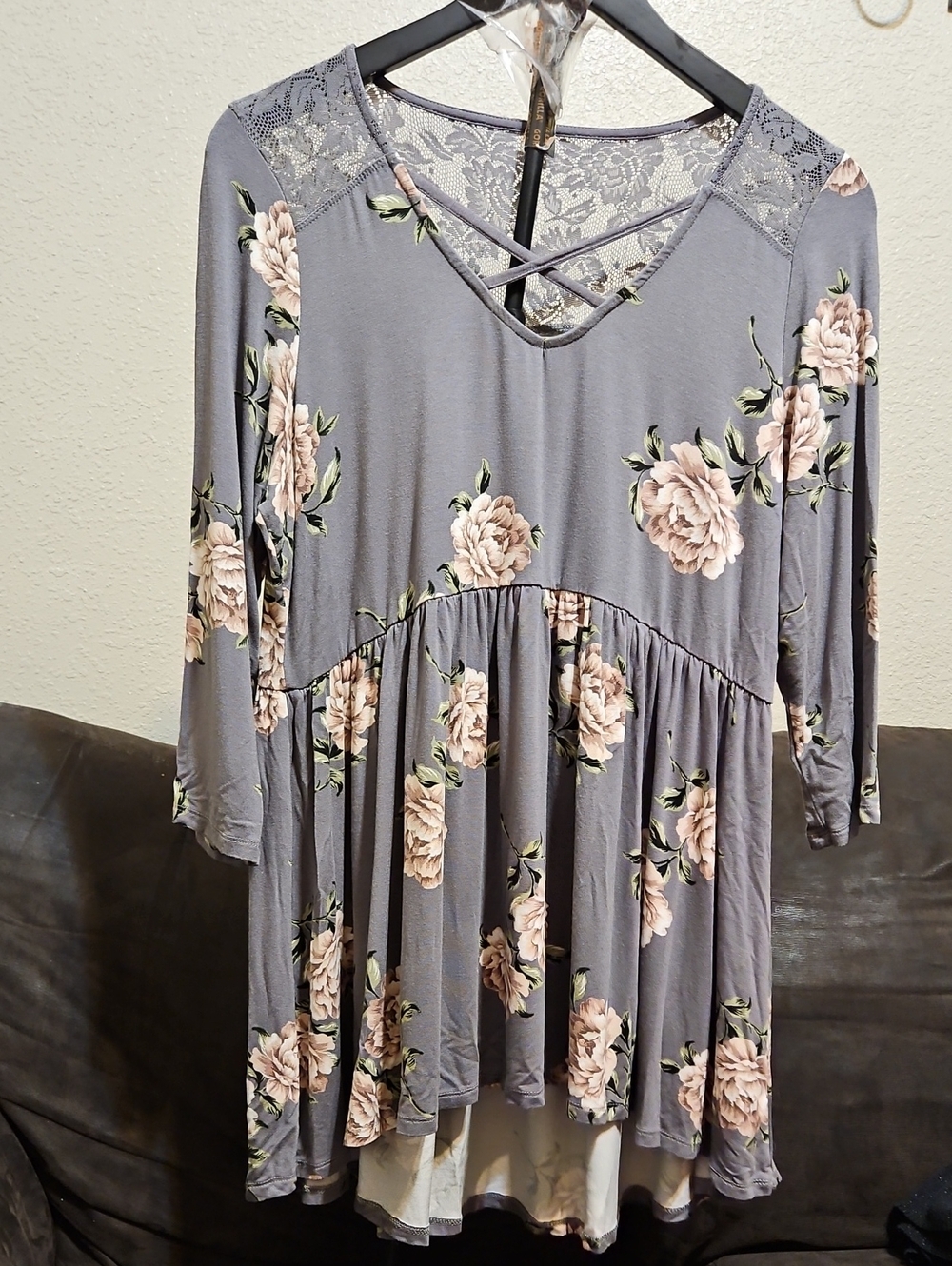 torrid Gray Floral Lace-Shoulder Tunic with Crisscross V-Neck